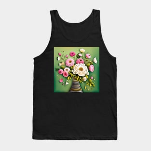 Pink and White Flowers in a Striped Vase Still Life Painting Tank Top